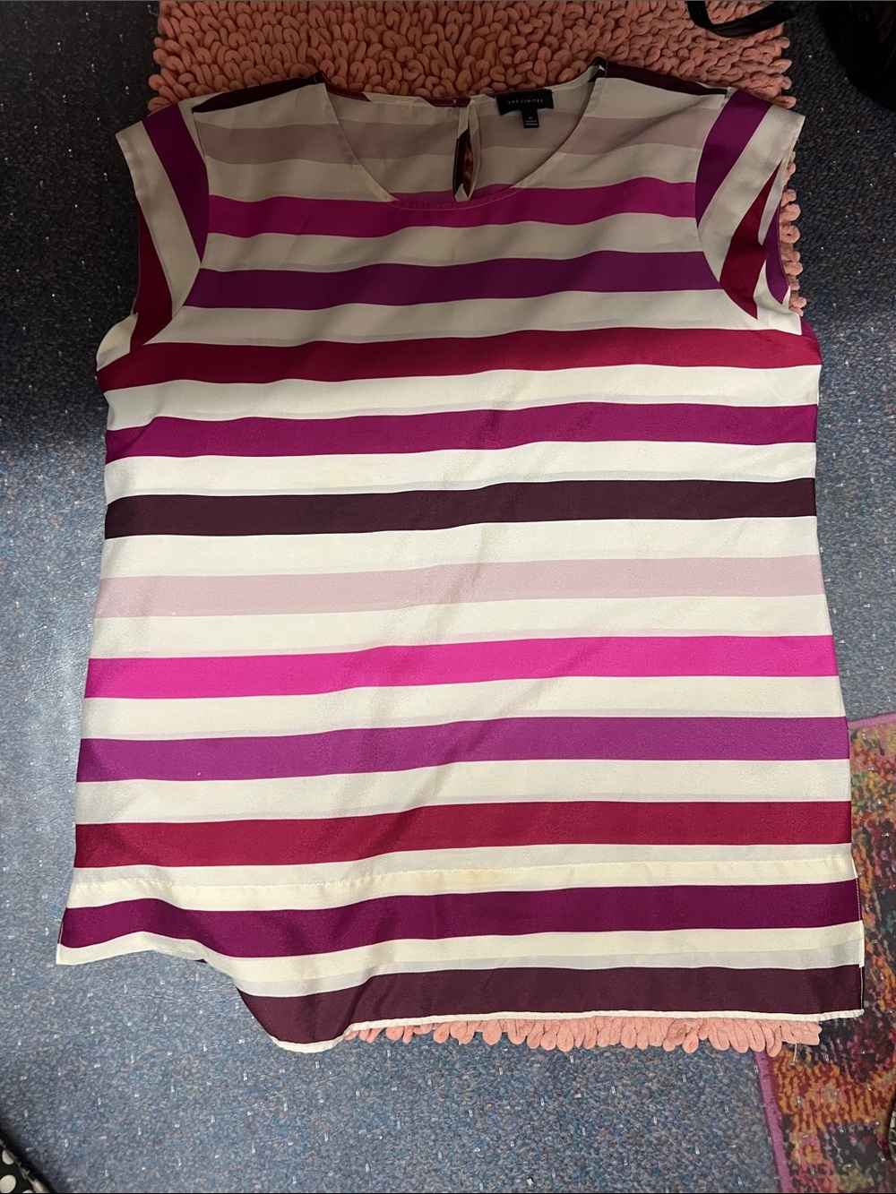 The Limited Striped Cap-Sleeve Blouse in Cream, Fuchsia and Burgundy